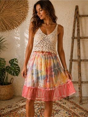 Cynthia Mehra Sheer Tie Dye Tiered Skirt One Size Boho Festival